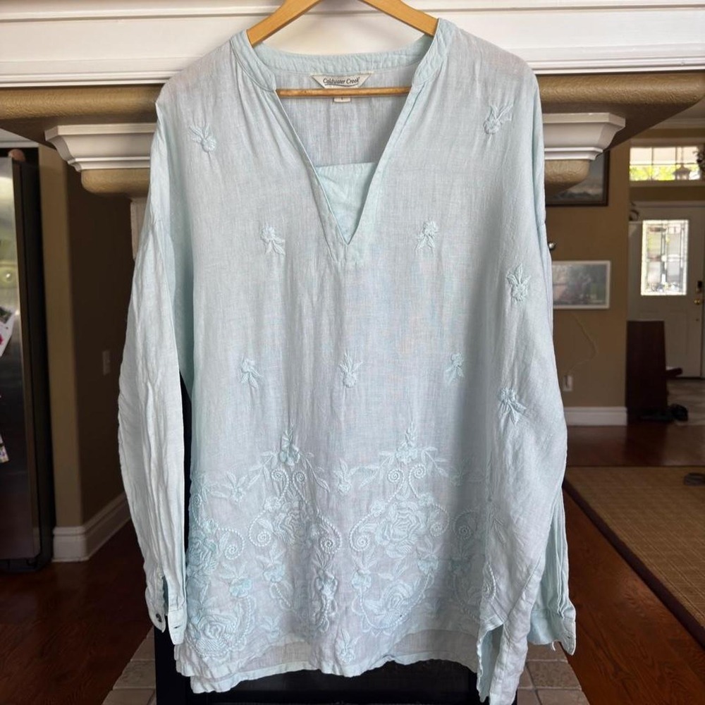 Coldwater Creek light blue linen tunic white floral embroidered lagenlook